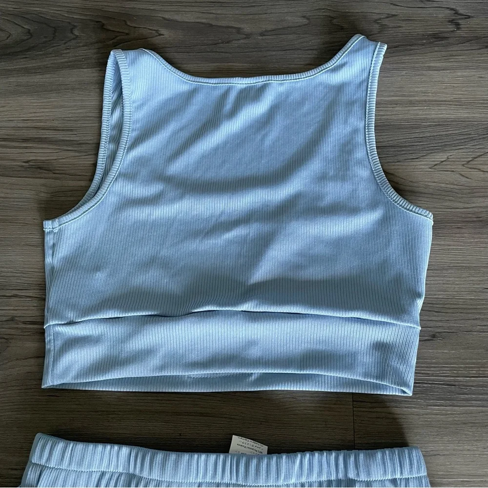 Women’s Blue Lounge Set XS Matching Sports Bra Shorts Soft Ribbed Activewear